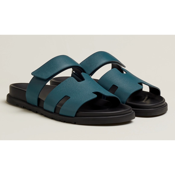 Hermes Chypre Sandal Mens Black Blue H Logo Strap Slide Slip On Flop Flat 44 11 - Picture 2 of 12